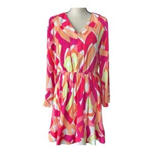 Nicole Miller Geometric Print Pleated Mini Dress Vibrant Multicolor V-Neck SZ M